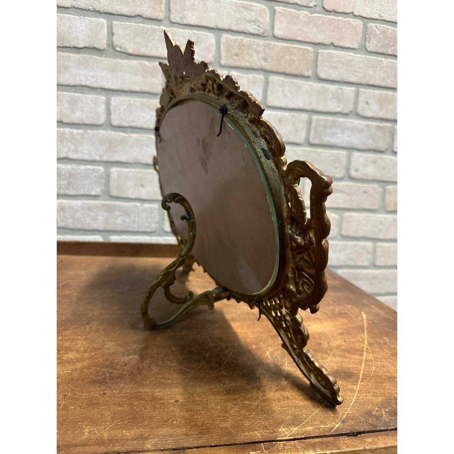 Antique Vintage Cast Iron Victorian Dresser Vanity Mirror w/ Easel Back Cherubs