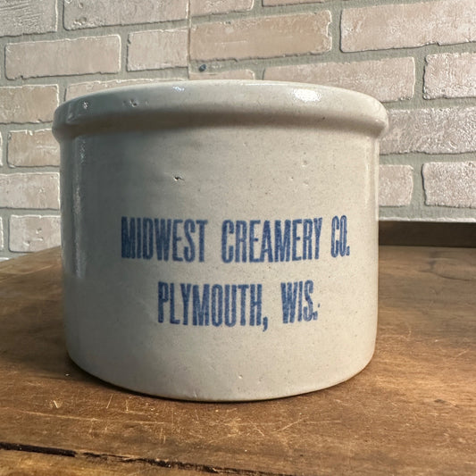 MIDWEST CREAMERY CO. PLYMOUTH, WIS WI SMALL ADVERTISING STONEWARE BUTTER CROCK