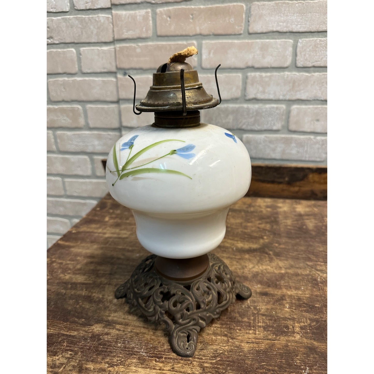 Antique Victorian Era Handpainted Milk Glass Oil Kerosene Lamp Blue Flowers Cast