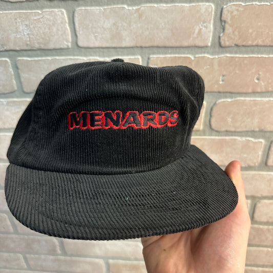 VINTAGE MENARDS EMBROIDERED CORDUROY SNAPBACK ADJUSTABLE HAT CAP- BLACK