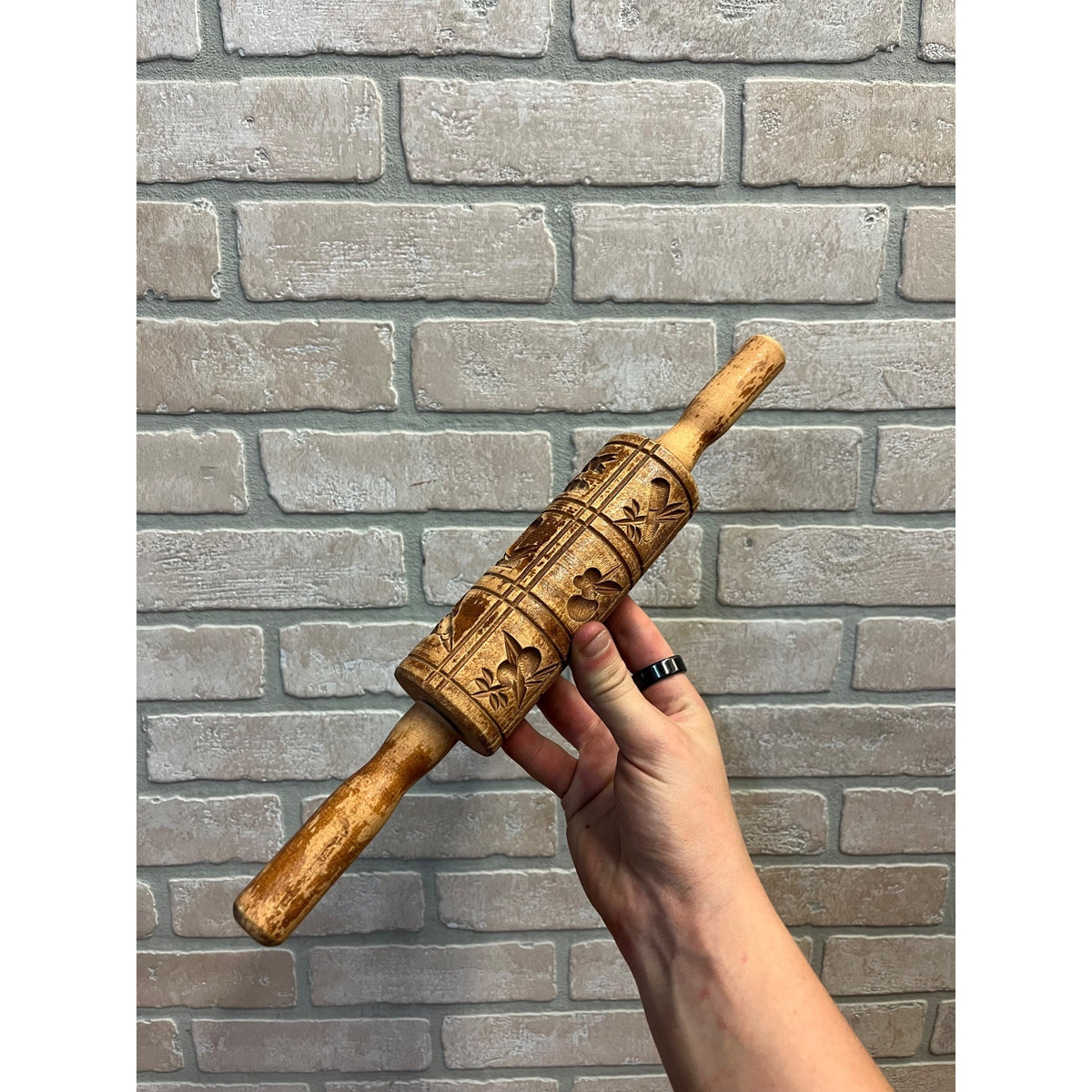 Vintage Wooden Embossed Hand-Carved Cookie Stamp Rolling Pin Primitive Kitchen Decor Birds Fruits and Floral Motifs