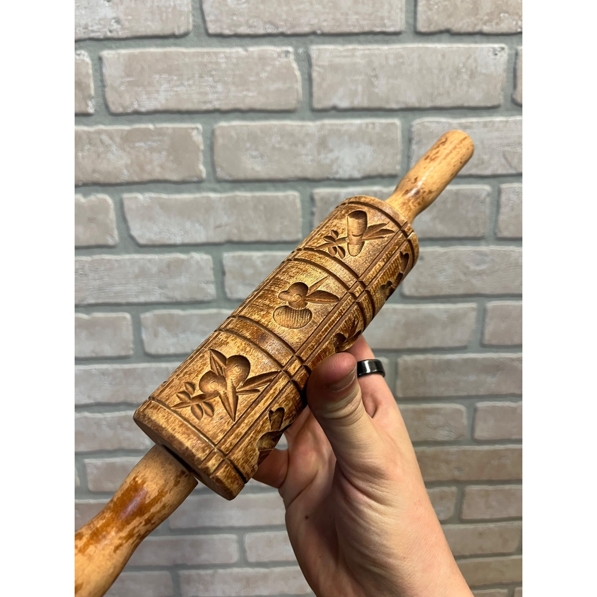 Vintage Wooden Embossed Hand-Carved Cookie Stamp Rolling Pin Primitive Kitchen Decor Birds Fruits and Floral Motifs