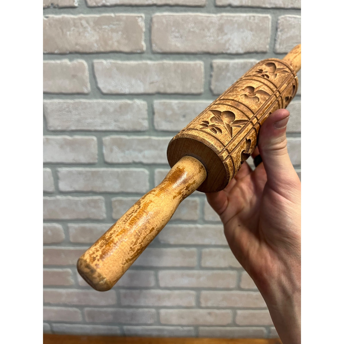Vintage Wooden Embossed Hand-Carved Cookie Stamp Rolling Pin Primitive Kitchen Decor Birds Fruits and Floral Motifs
