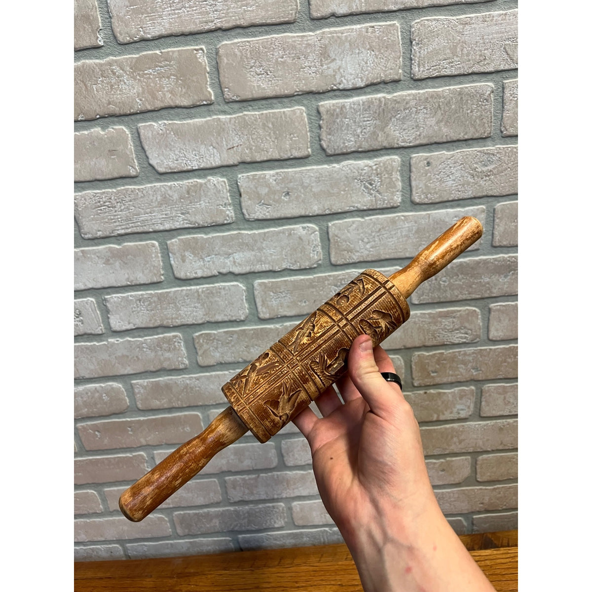 Vintage Wooden Embossed Hand-Carved Cookie Stamp Rolling Pin Primitive Kitchen Decor Birds Fruits and Floral Motifs