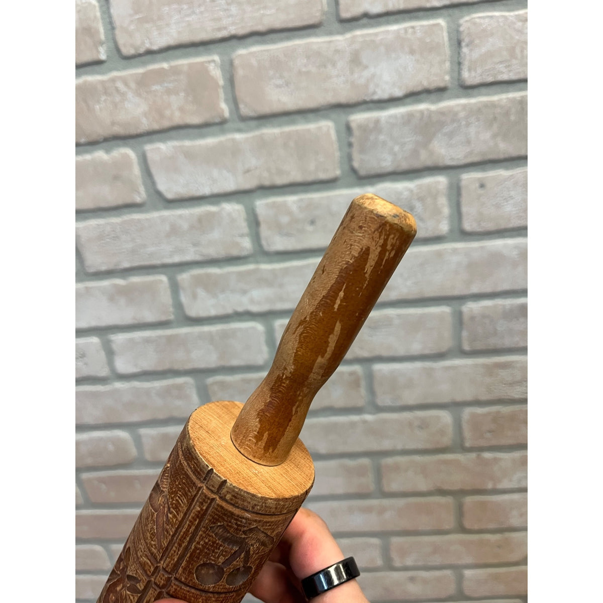 Vintage Wooden Embossed Hand-Carved Cookie Stamp Rolling Pin Primitive Kitchen Decor Birds Fruits and Floral Motifs