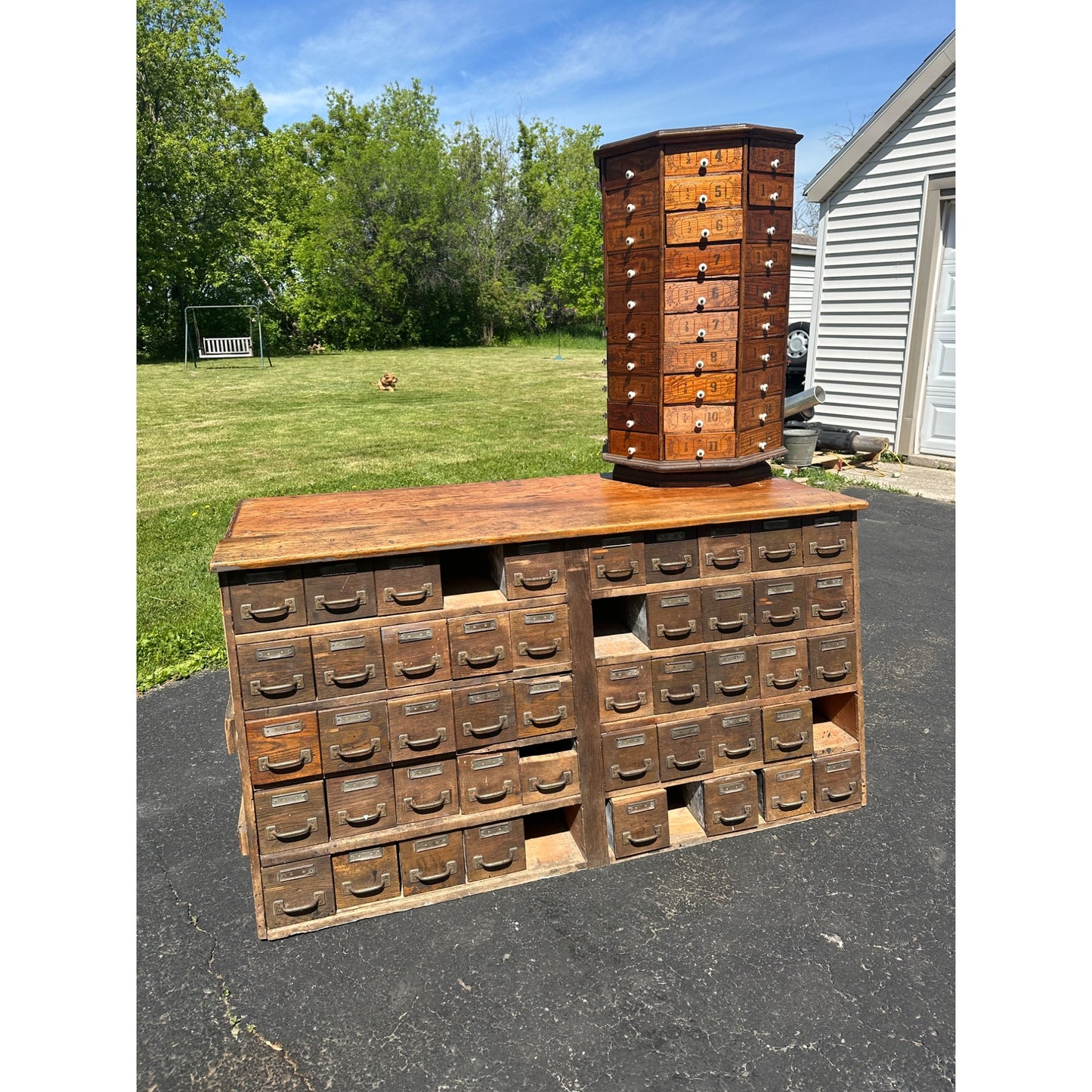 Antique 1900s General Store Mercantile Oak Seed Counter Slanted Drawers