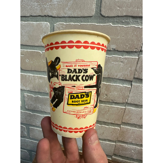 VINTAGE DAD'S ROOT BEER BLACK COW ADVERTISING WAX PAPER CUP