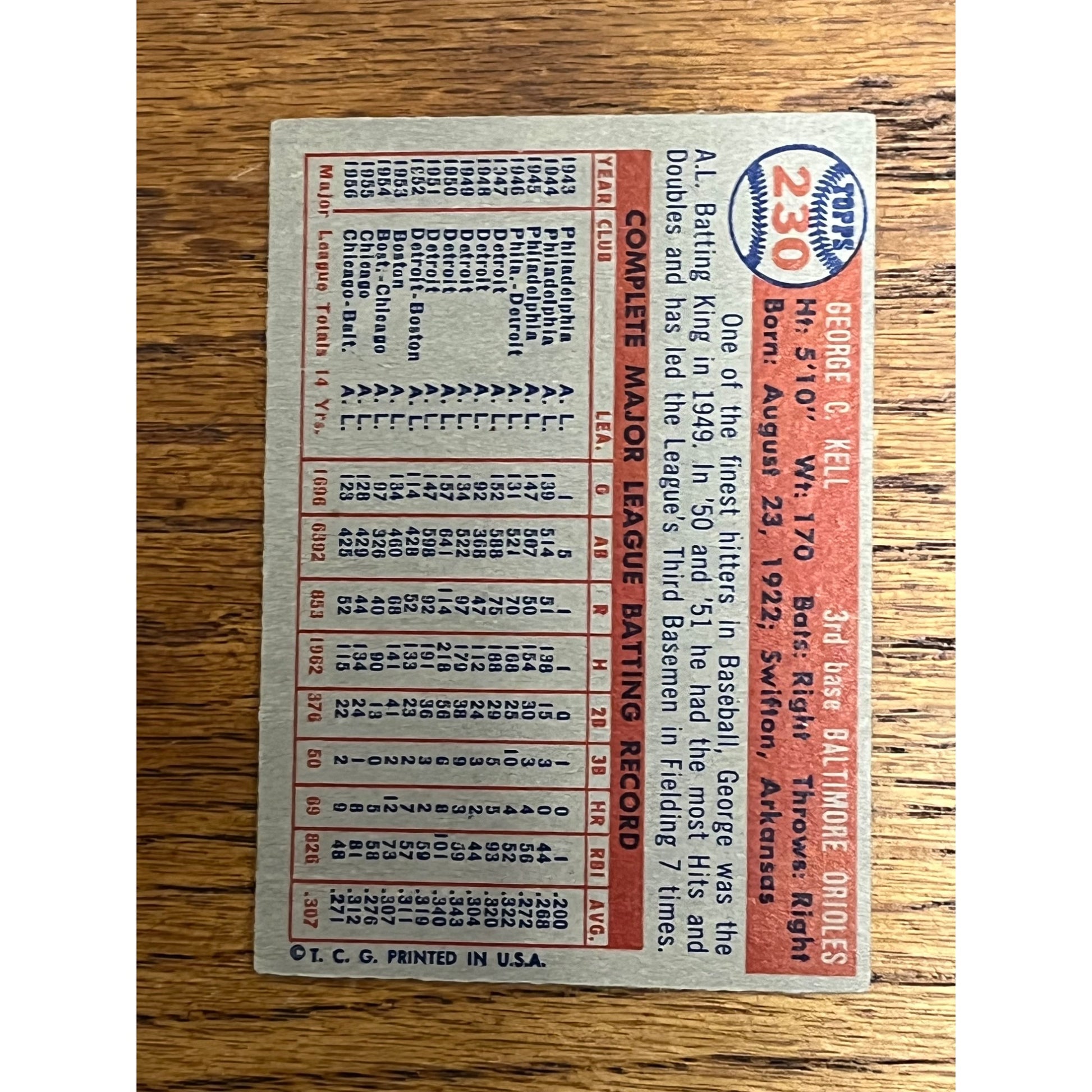 1957 Topps Baseball George Kell Baltimore Orioles #230 - Creased