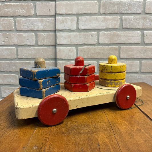 VINTAGE PLAYSKOOL CLASSIC PULL BEHIND TOY - WOODEN WAGON W WOOD SHAPES & DOWELS