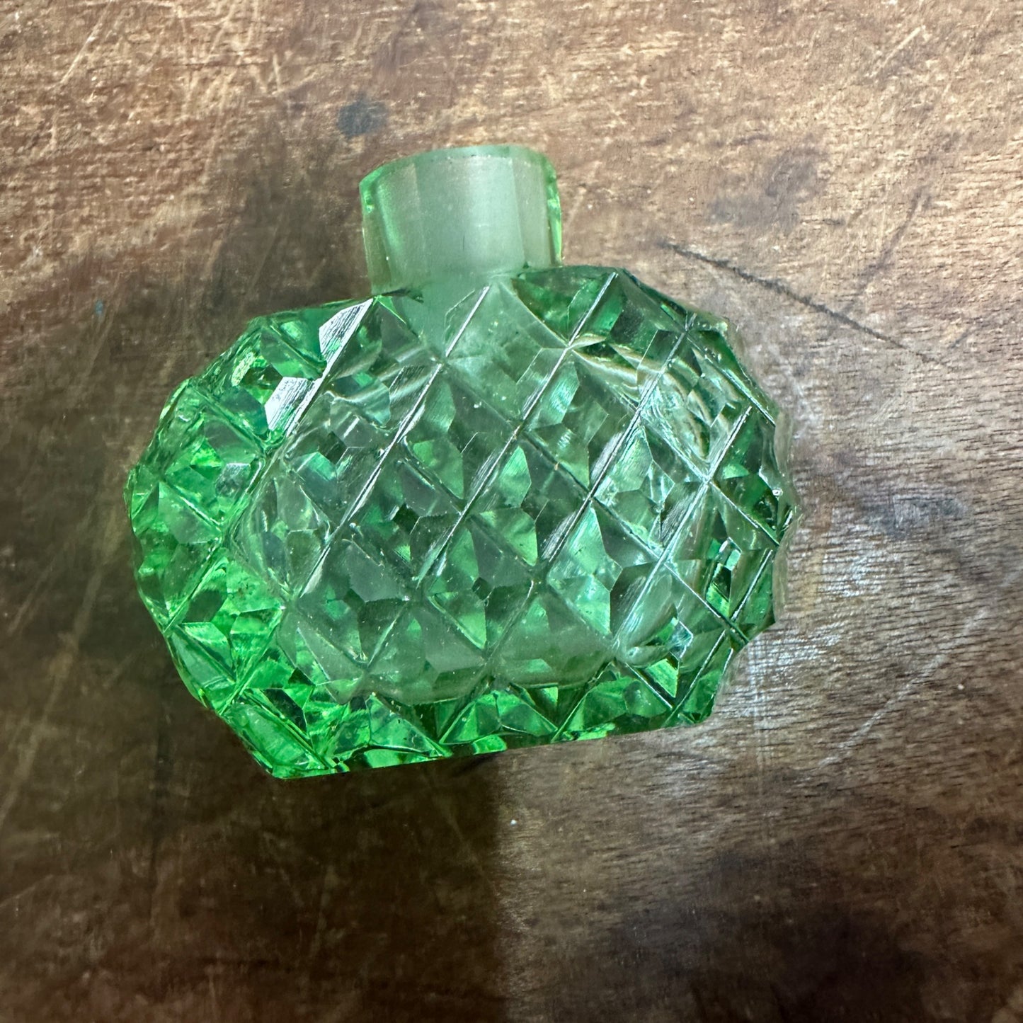 Vintage Small Uranium Glass Woman's Perfume Bottle 1.5" Tall - Glows UV Light