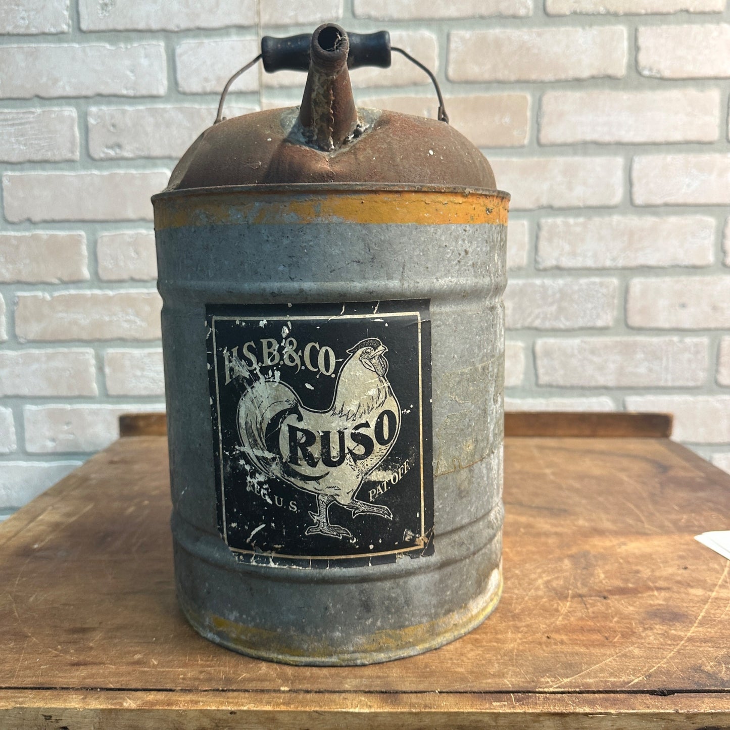 Vintage 1900s HSB & Co. Cruso Chicken Hen Galvanized Oil Can Farm Advertising