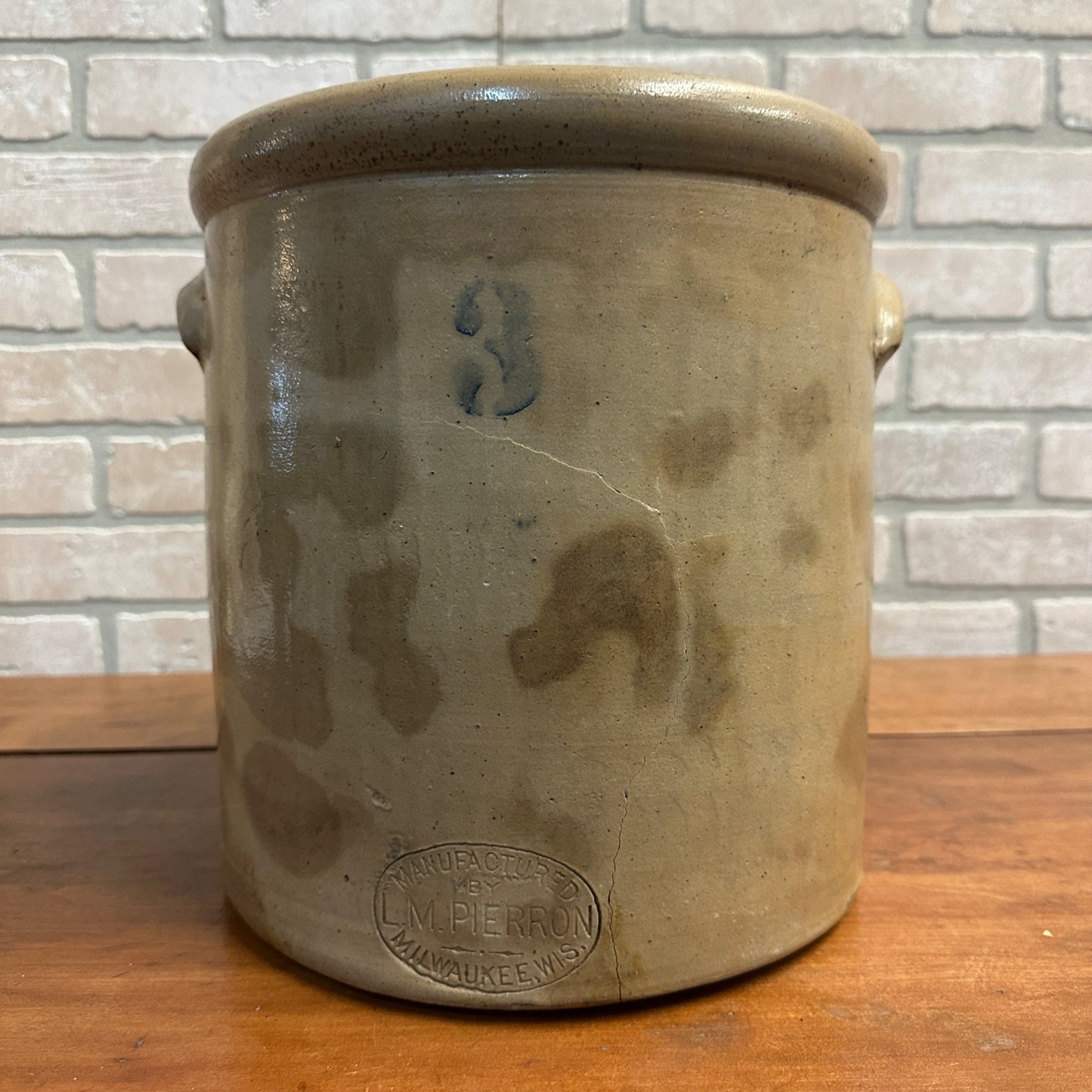 Vintage 1900s L.M. Pierron Milwaukee Wis Salt Glazed 3 Gallon Stoneware Crock