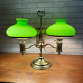 Antique Victorian Brass Double Student Lamp Base with Center Tank & Green Shades