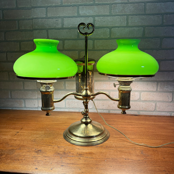 Antique Victorian Brass Double Student Lamp Base with Center Tank & Green Shades