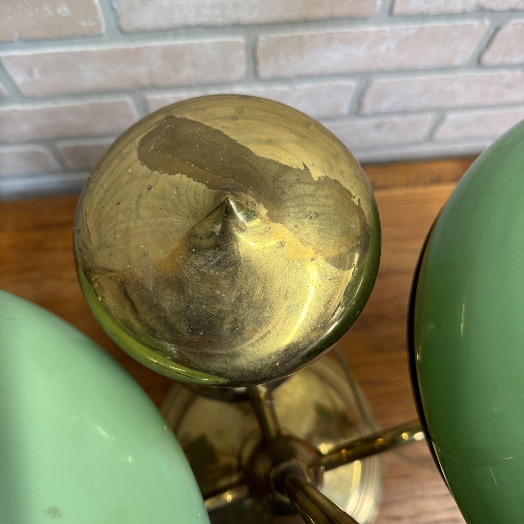 Antique Victorian Brass Double Student Lamp Base with Center Tank & Green Shades