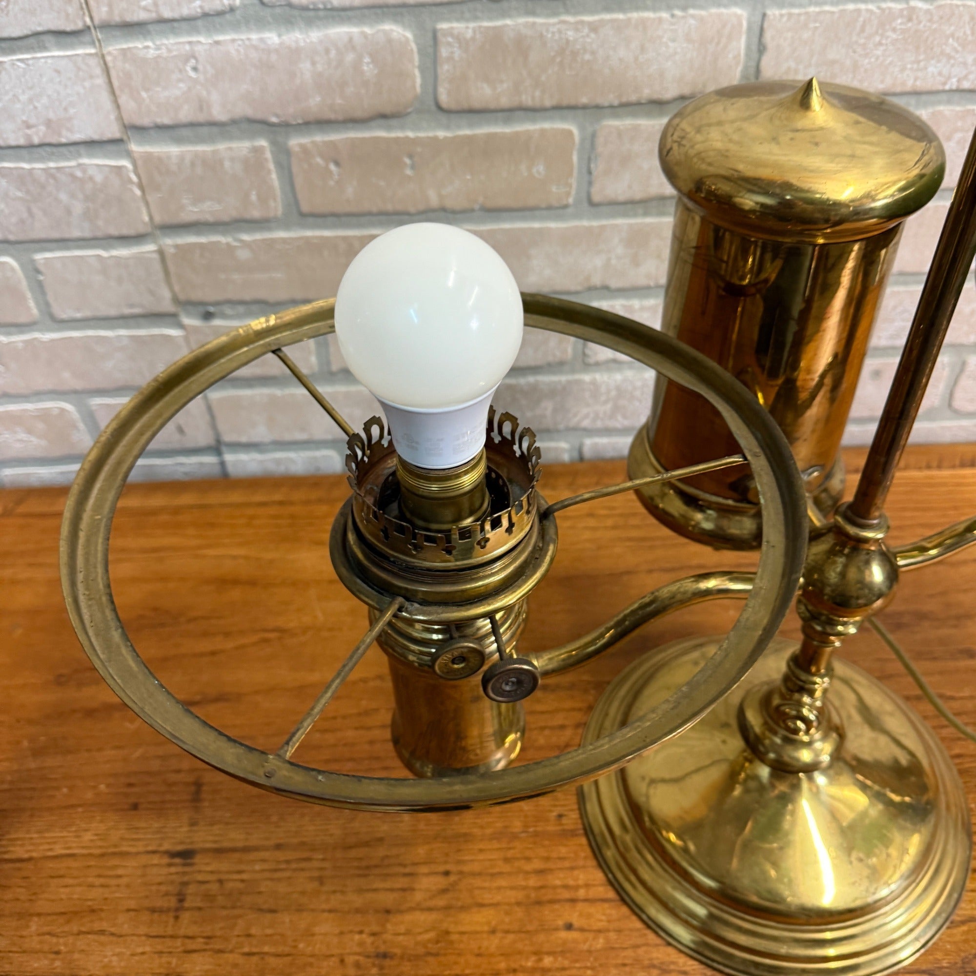 Antique Victorian Brass Double Student Lamp Base with Center Tank & Green Shades