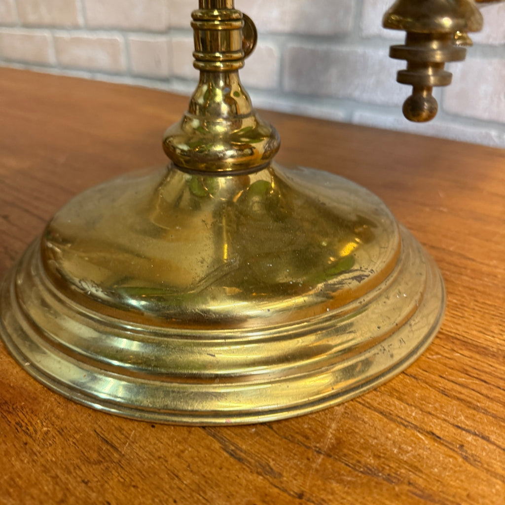 Antique Victorian Brass Double Student Lamp Base with Center Tank & Green Shades
