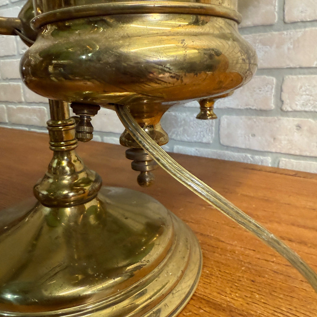Antique Victorian Brass Double Student Lamp Base with Center Tank & Green Shades