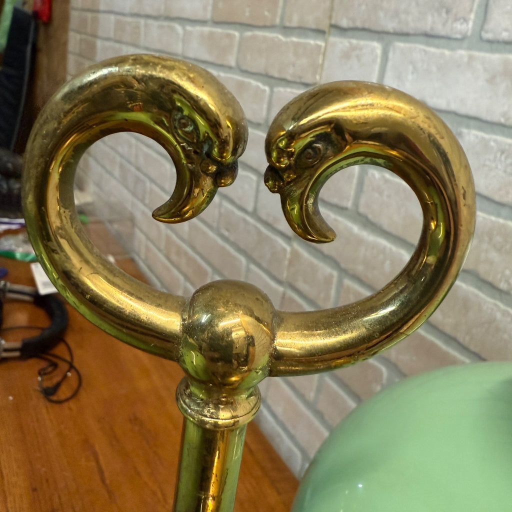 Antique Victorian Brass Double Student Lamp Base with Center Tank & Green Shades