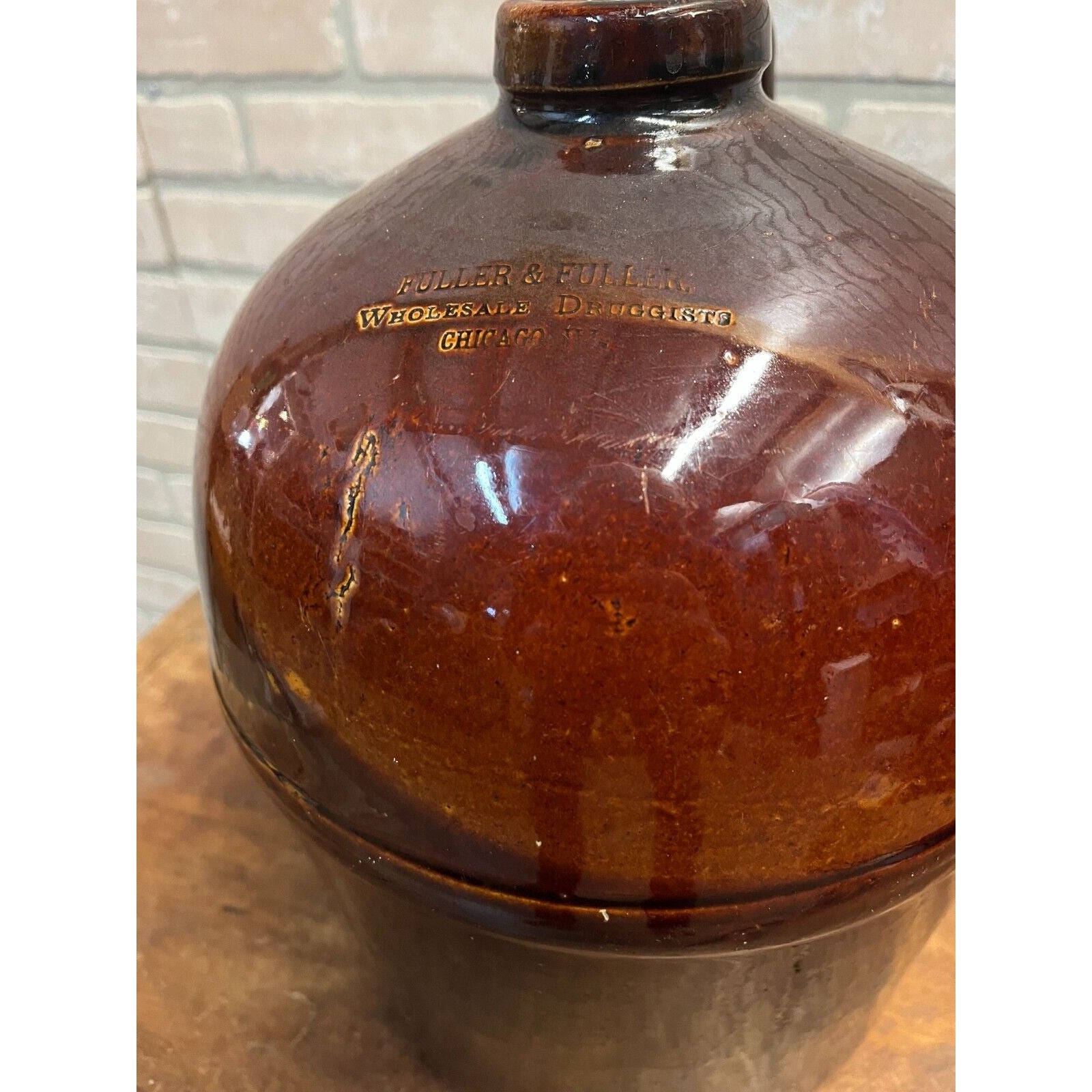 Antique 1800s Fuller & Fuller Druggists Chicago Brown Stoneware Glazed Jug
