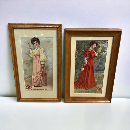 Vintage Budweiser Girls Advertising Beer Litho Prints Framed Repro Lot (2)