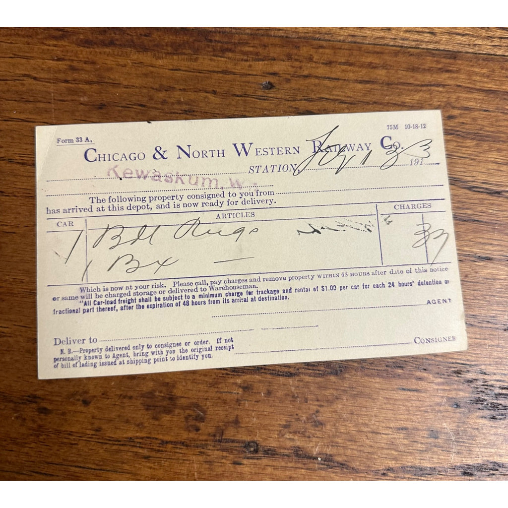 1913 Chicago & Northwestern Railway Co. Delivery of Property at Depot Postcard Receipt
