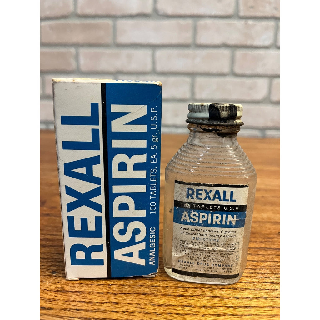 Vintage Rexall Aspirin Empty Glass Pharmacy Medicine Bottle & Box