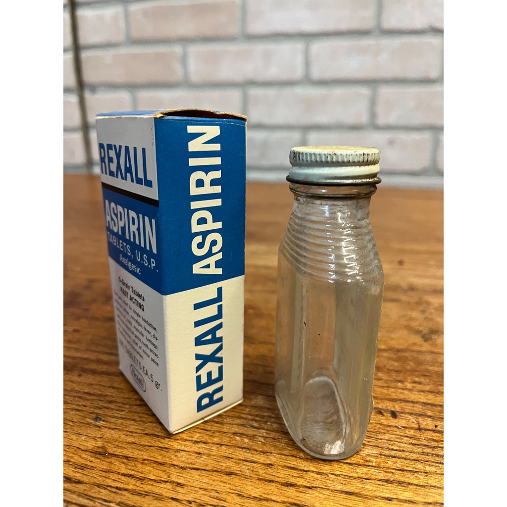 Vintage Rexall Aspirin Empty Glass Pharmacy Medicine Bottle & Box