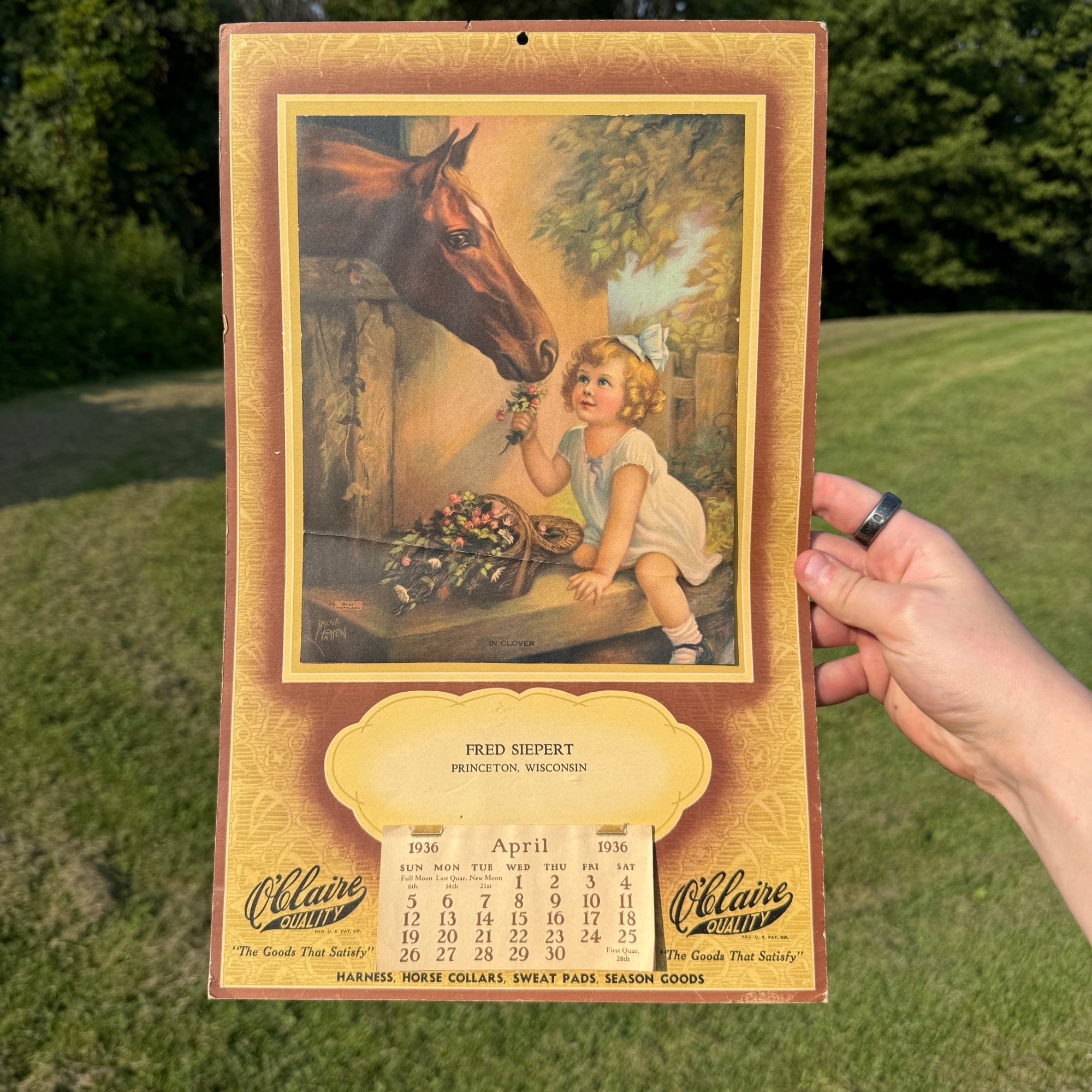 Vintage 1936 Fred Siepert Princeton Wisconsin Advertisign Calendar Horse Harness ++