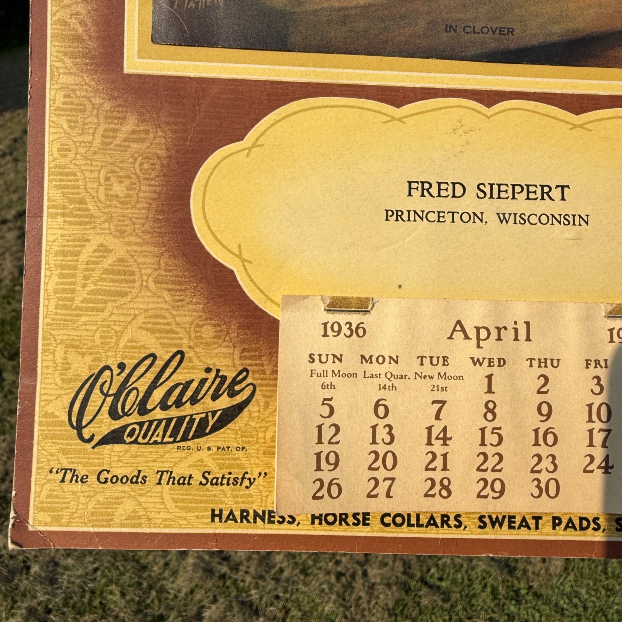 Vintage 1936 Fred Siepert Princeton Wisconsin Advertisign Calendar Horse Harness ++