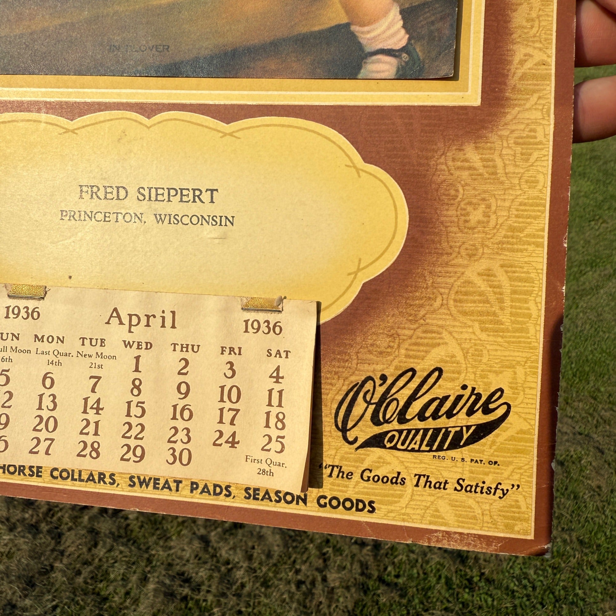 Vintage 1936 Fred Siepert Princeton Wisconsin Advertisign Calendar Horse Harness ++