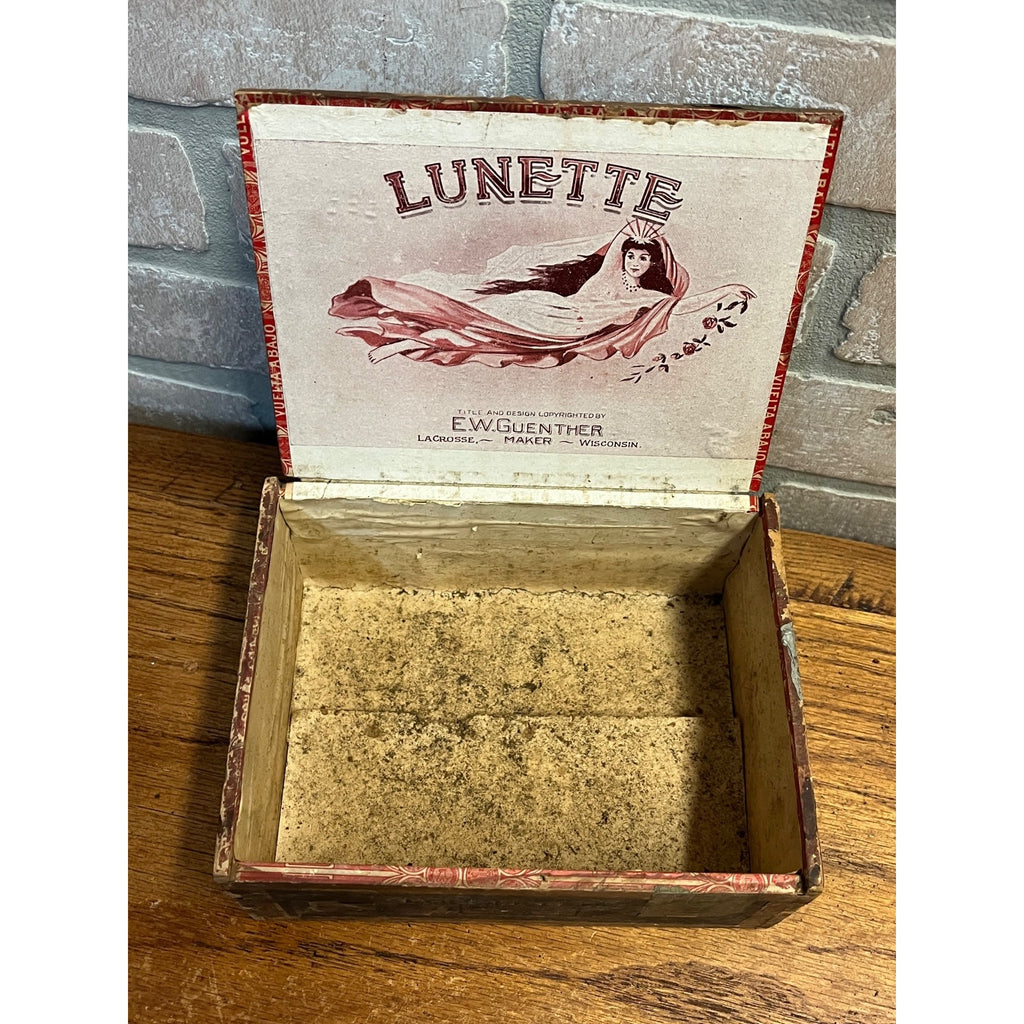 RARE Vintage 1910s Lunette Wooden Cigar Box Lacrosse Wis Guenther Art Nouveau Lady