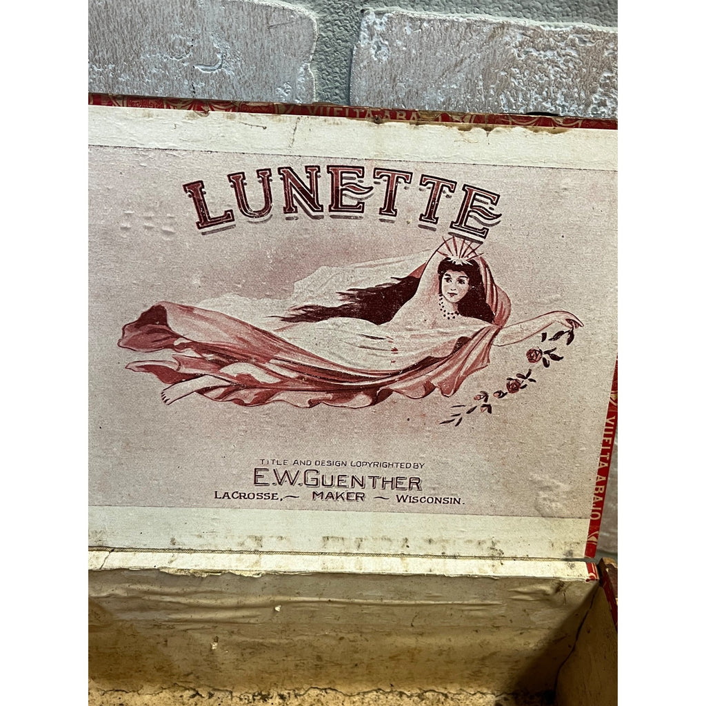RARE Vintage 1910s Lunette Wooden Cigar Box Lacrosse Wis Guenther Art Nouveau Lady