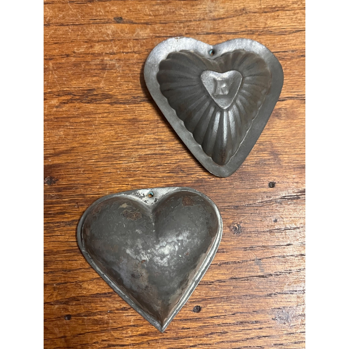 Antique Primitive Lot (2) Tin Heart-Shaped Confectionery Chocolate Tart Molds