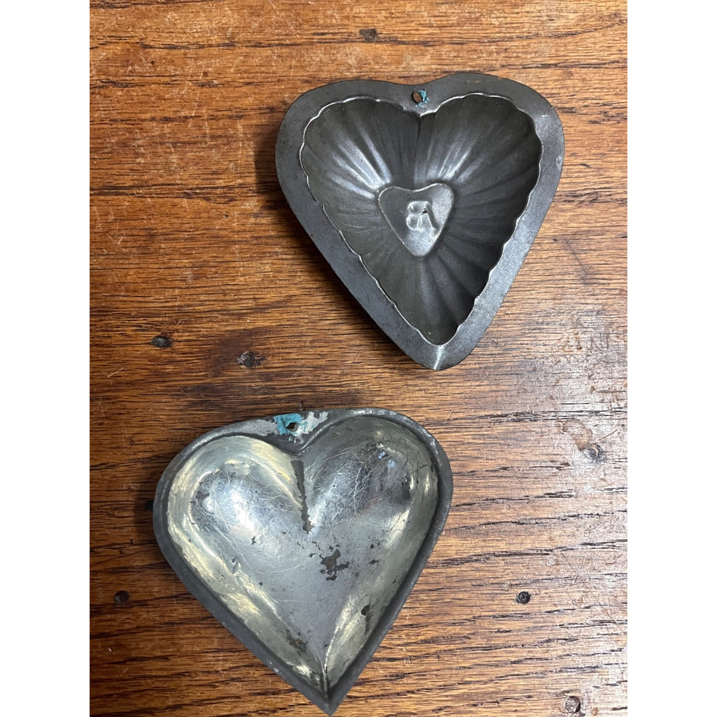 Antique Primitive Lot (2) Tin Heart-Shaped Confectionery Chocolate Tart Molds