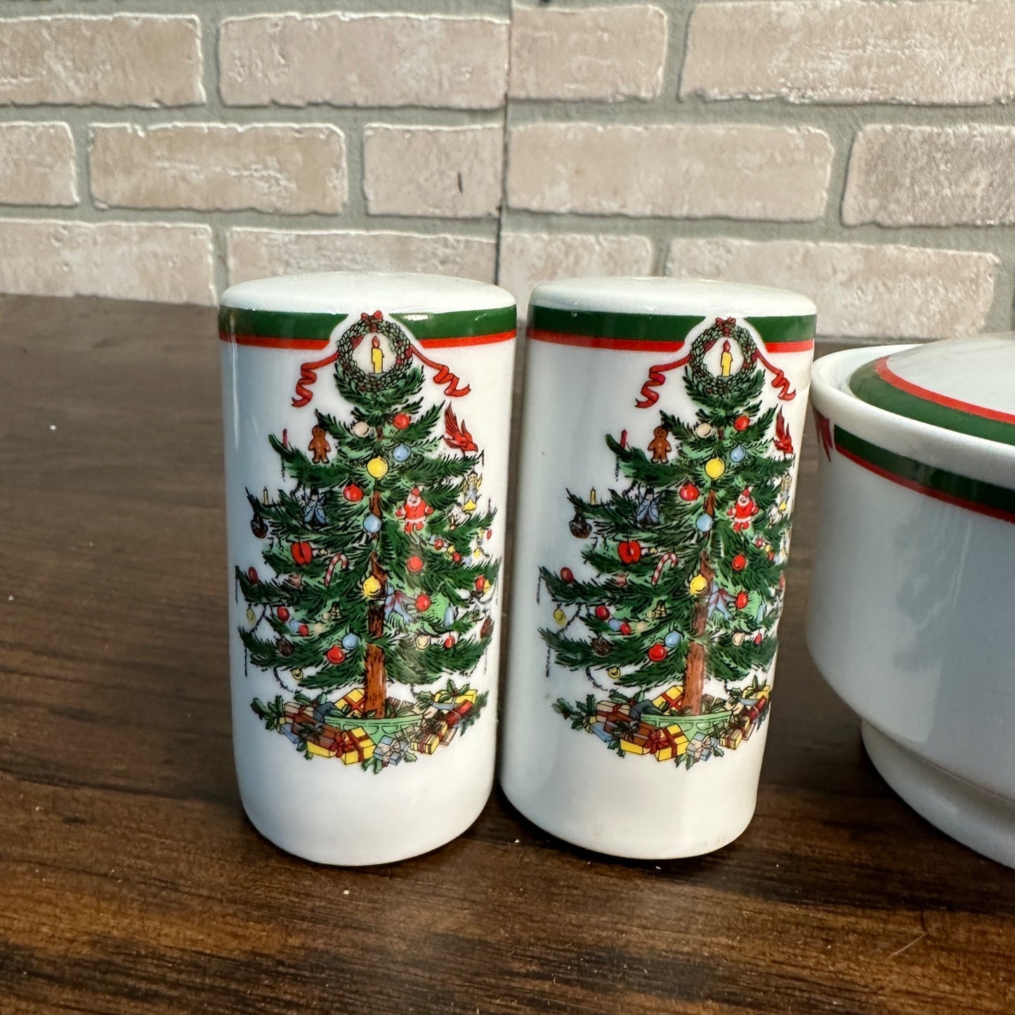 Topco Porcelain China Christmas Ribbons & Christmas Tree Sugar Salt & Pepper Set