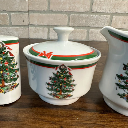 Topco Porcelain China Christmas Ribbons & Christmas Tree Sugar Salt & Pepper Set