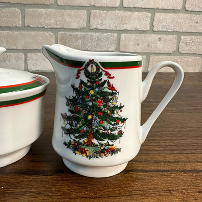 Topco Porcelain China Christmas Ribbons & Christmas Tree Sugar Salt & Pepper Set