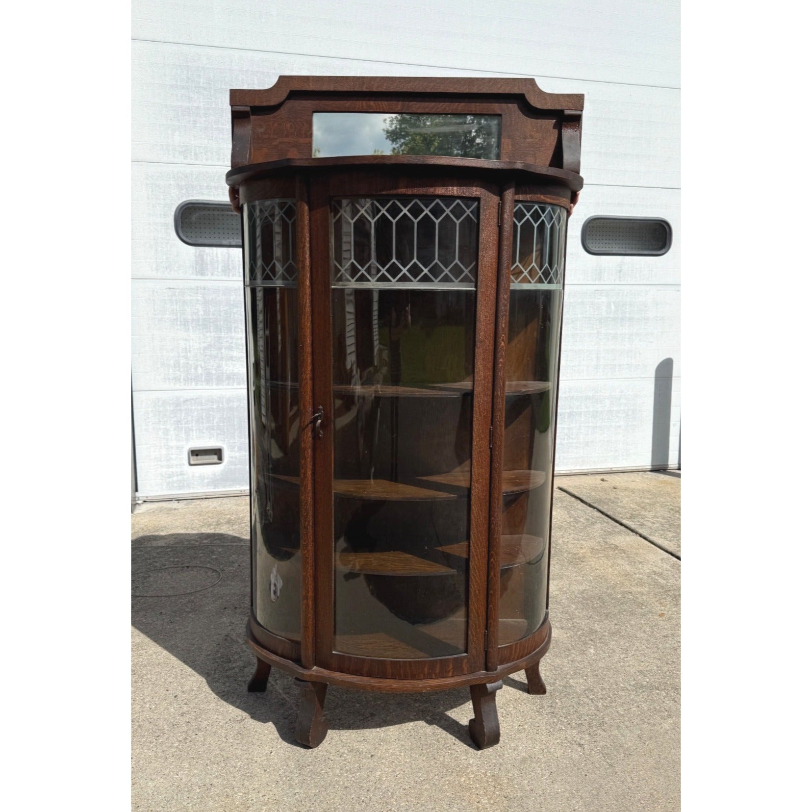 Antique 1900s Oak Curio Cabinet Etched Glass Display China Cabinet Bow Front