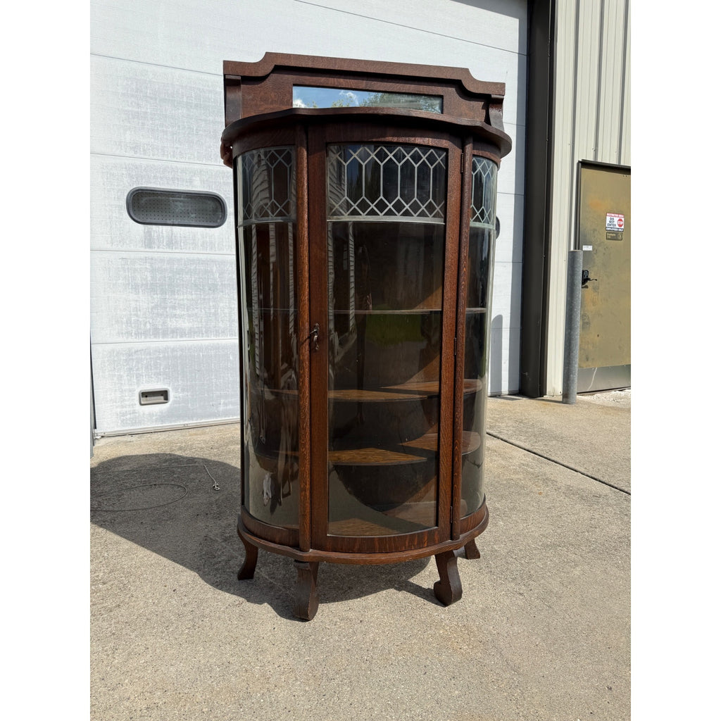 Antique 1900s Oak Curio Cabinet Etched Glass Display China Cabinet Bow Front