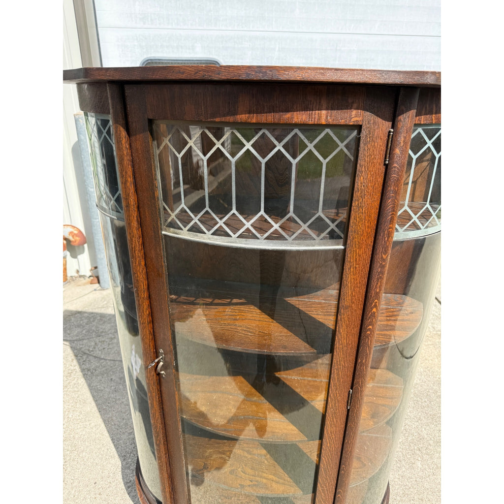 Antique 1900s Oak Curio Cabinet Etched Glass Display China Cabinet Bow Front