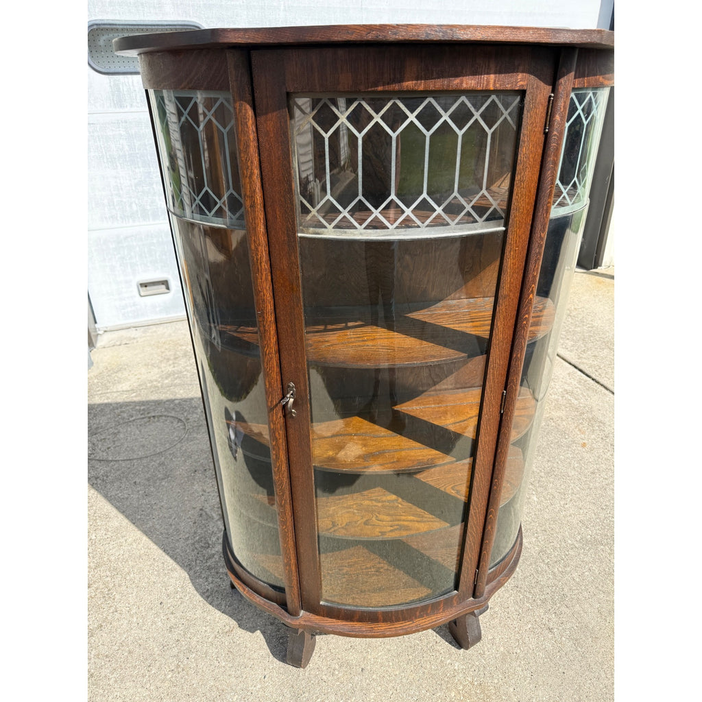 Antique 1900s Oak Curio Cabinet Etched Glass Display China Cabinet Bow Front