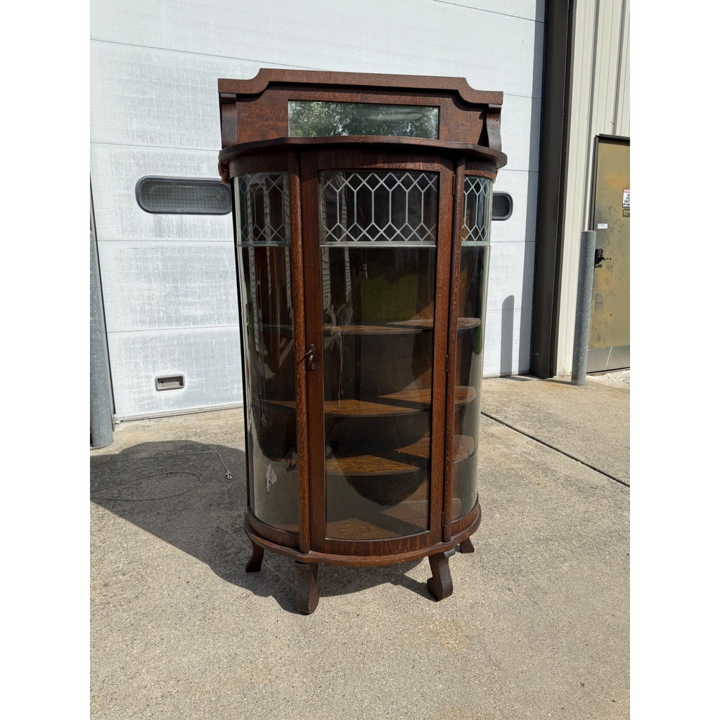 Antique 1900s Oak Curio Cabinet Etched Glass Display China Cabinet Bow Front