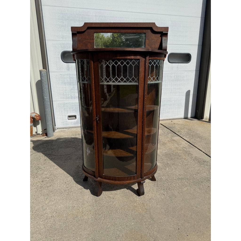 Antique 1900s Oak Curio Cabinet Etched Glass Display China Cabinet Bow Front