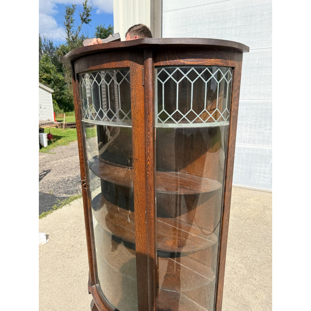 Antique 1900s Oak Curio Cabinet Etched Glass Display China Cabinet Bow Front