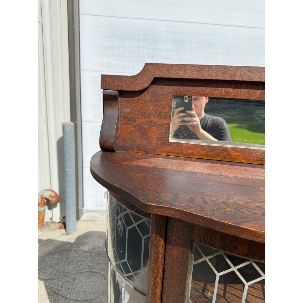 Antique 1900s Oak Curio Cabinet Etched Glass Display China Cabinet Bow Front