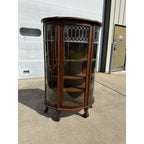 Antique 1900s Oak Curio Cabinet Etched Glass Display China Cabinet Bow Front