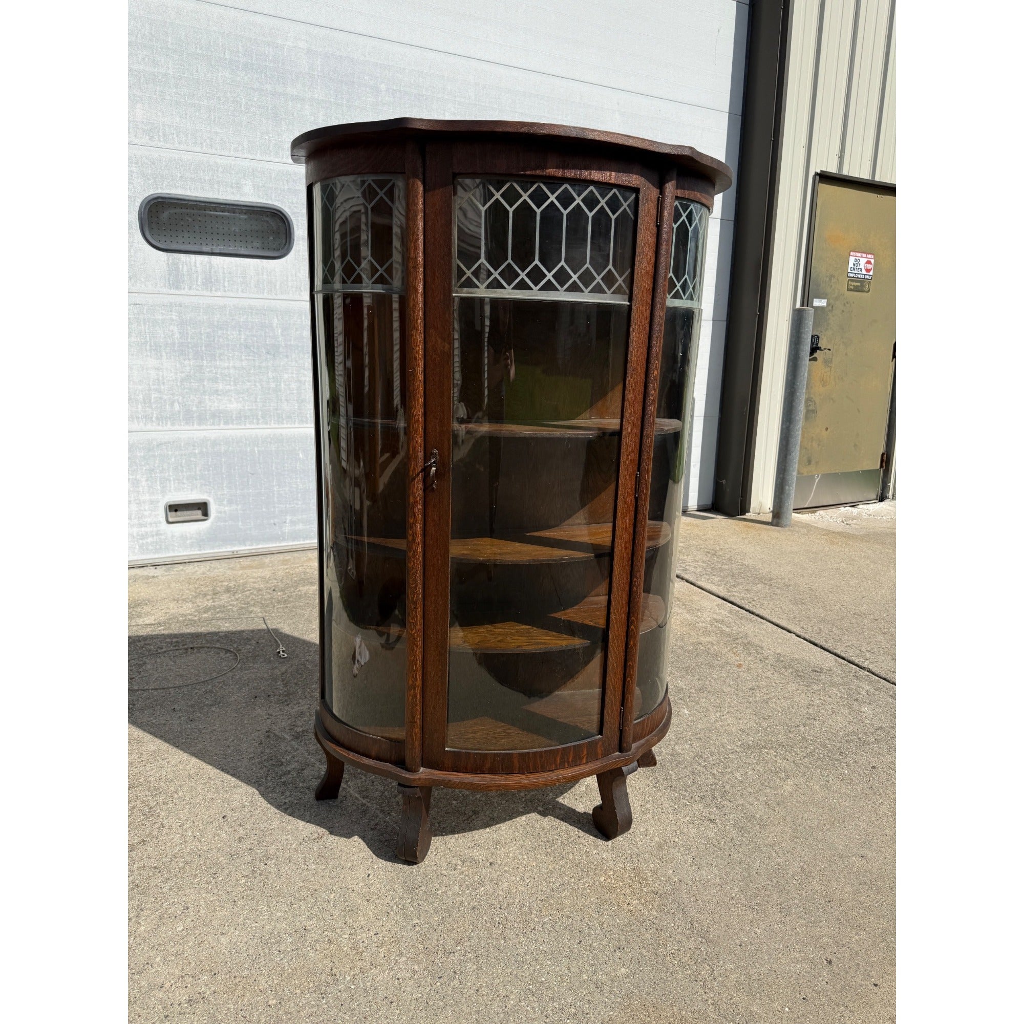 Antique 1900s Oak Curio Cabinet Etched Glass Display China Cabinet Bow Front