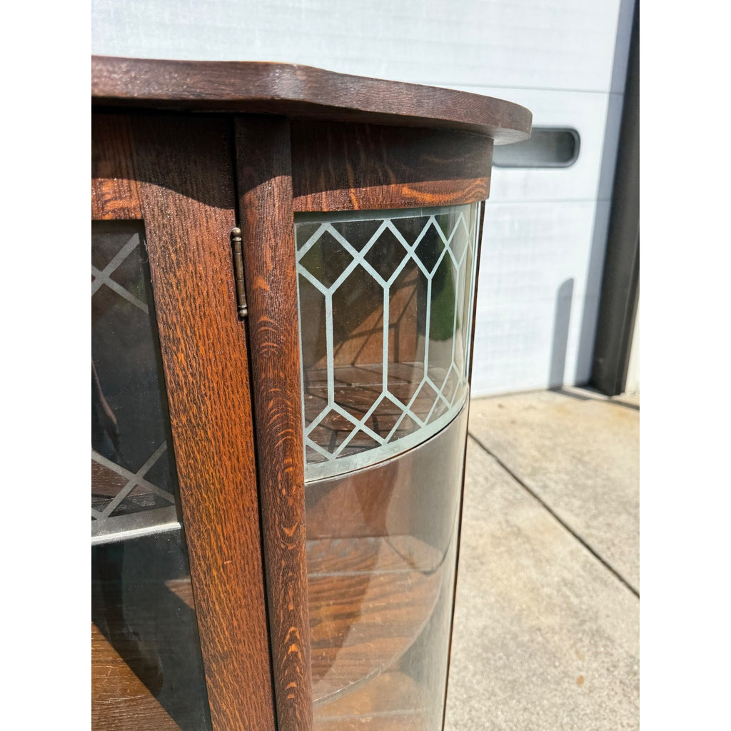 Antique 1900s Oak Curio Cabinet Etched Glass Display China Cabinet Bow Front