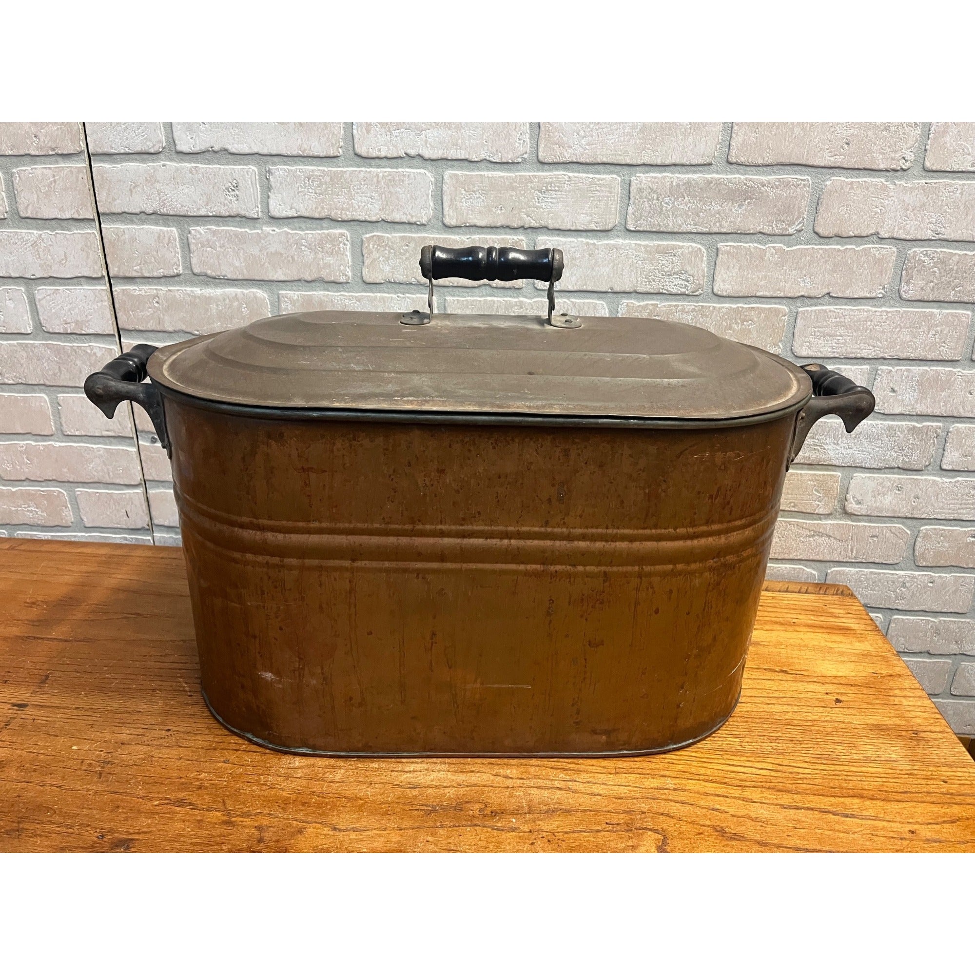 Antique Vintage Copper Boiler Wash Tub w/ Wood Handles & Lid